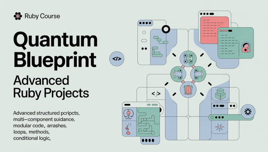 Promotional graphic for a Ruby course titled 'Quantum Blueprint' with technical illustrations and text.
