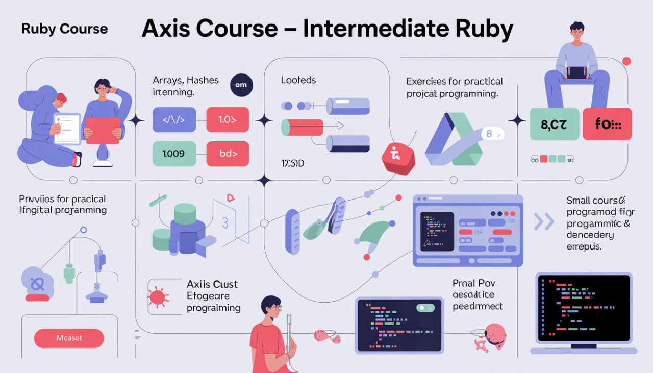 Diagram of an Intermediate Ruby course on Axis Course, featuring various programming concepts and exercises.
