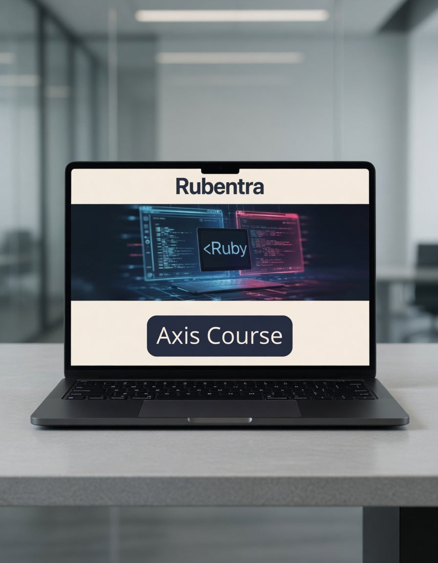 Laptop displaying Rubentra Axis Course on a desk in an office setting