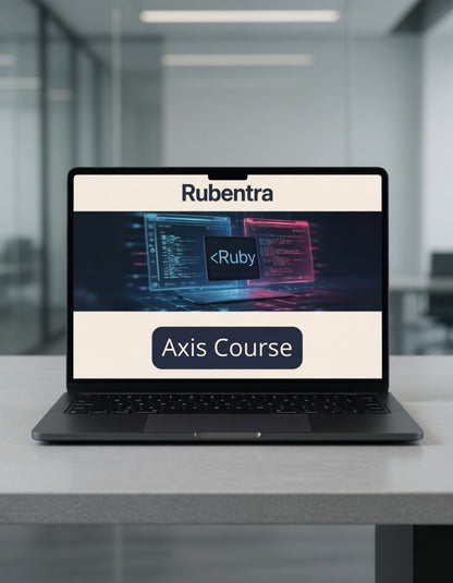 Laptop displaying Rubentra Axis Course on a desk in an office setting