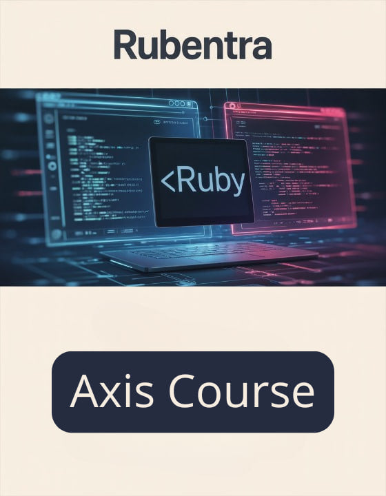 Laptop with Ruby programming interface on screen, Rubentra logo, and 'Axis Course' text.