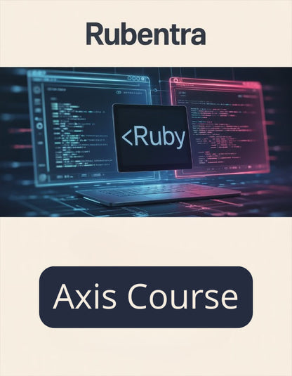 Laptop with Ruby programming interface on screen, Rubentra logo, and 'Axis Course' text.
