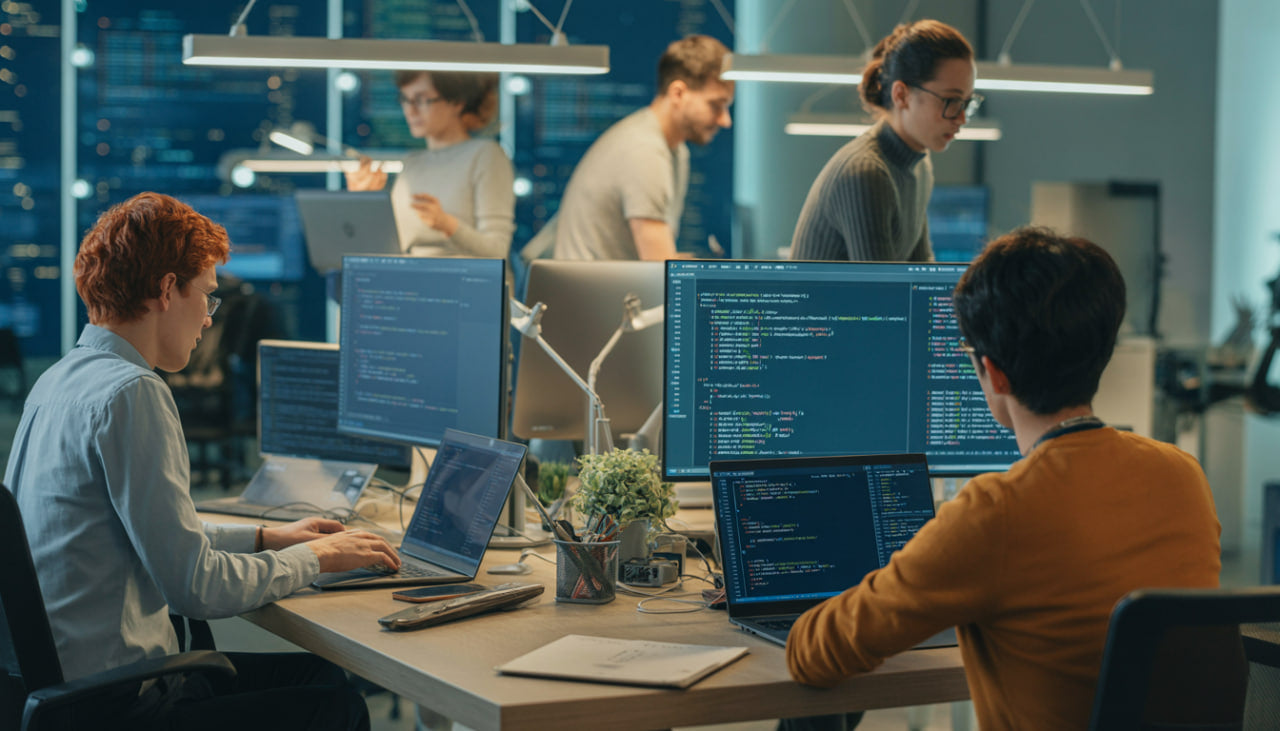 People working at computers in a modern office setting