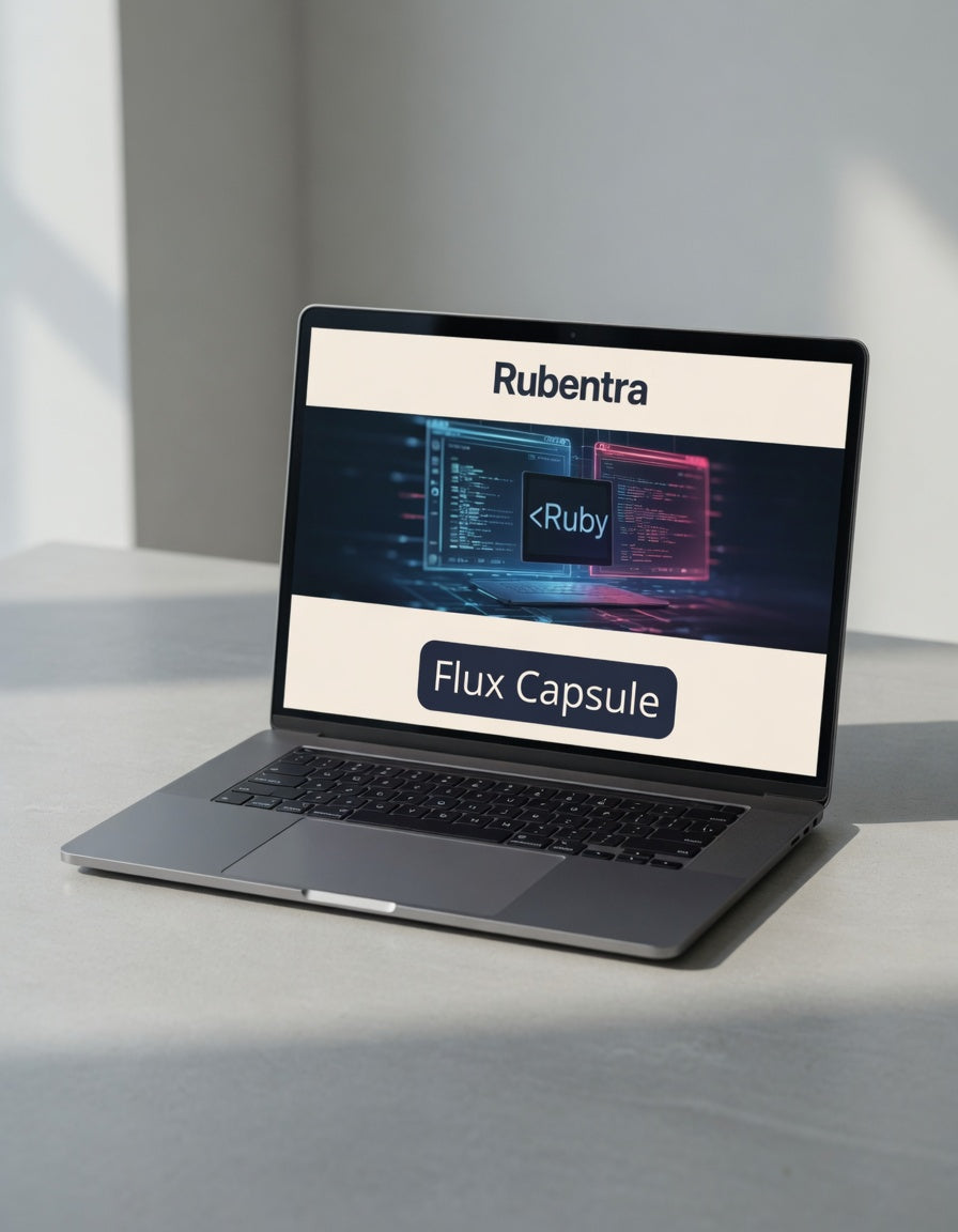 Laptop displaying the Rubentra website on a light surface with a gray background