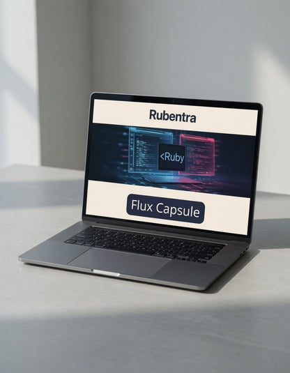 Laptop displaying the Rubentra website on a light surface with a gray background