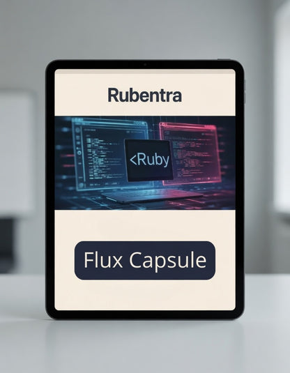 Rubentra Flux Capsule with Ruby programming language branding on a tablet screen.