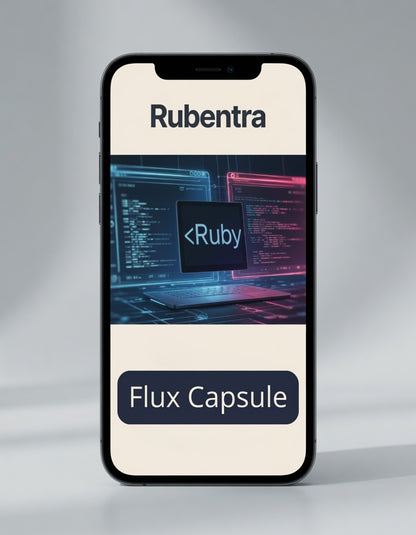 Phone with Rubentra and Flux Capsule branding on a gray background