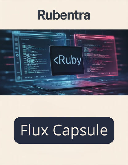 Laptop with Ruby programming interface on screen, Rubentra logo above, 'Flux Capsule' text below.