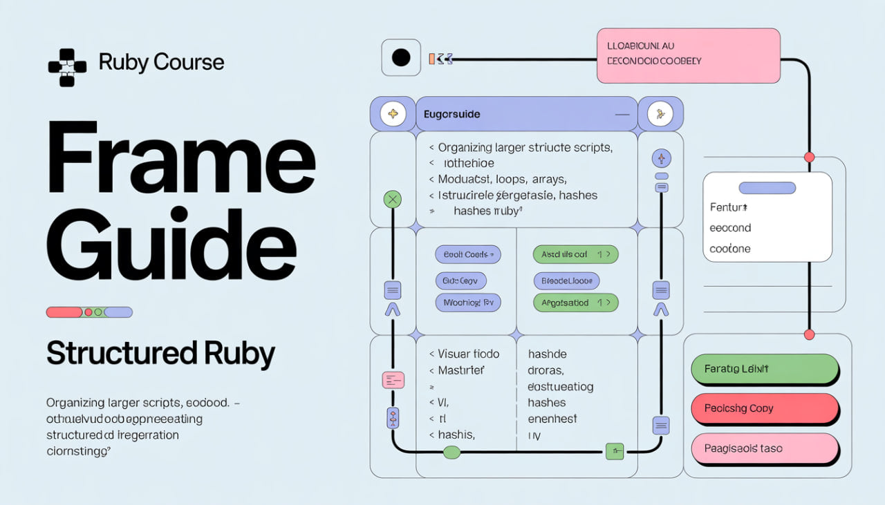 Ruby Course Frame Guide with structured Ruby concepts on a light blue background