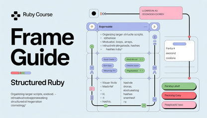 Ruby Course Frame Guide with structured Ruby concepts on a light blue background