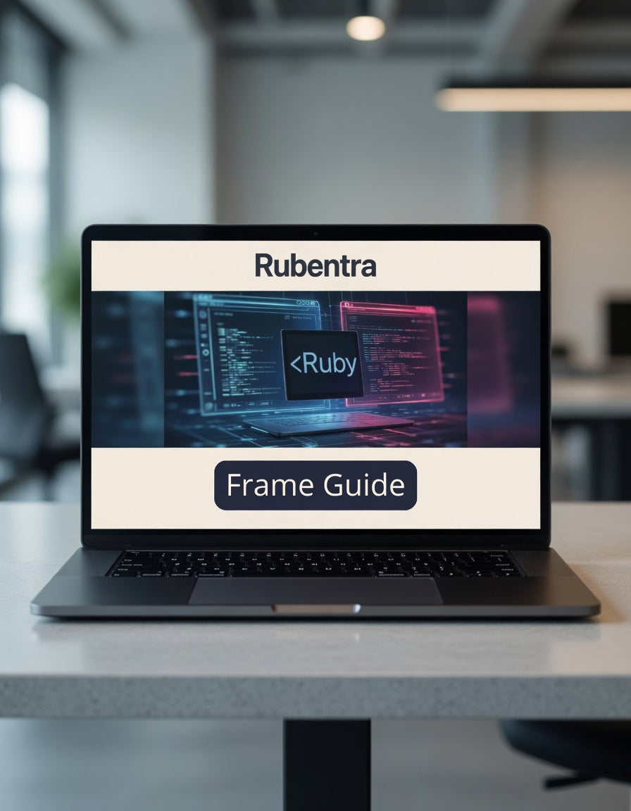 Laptop displaying Rubentra Frame Guide on a blurred office background