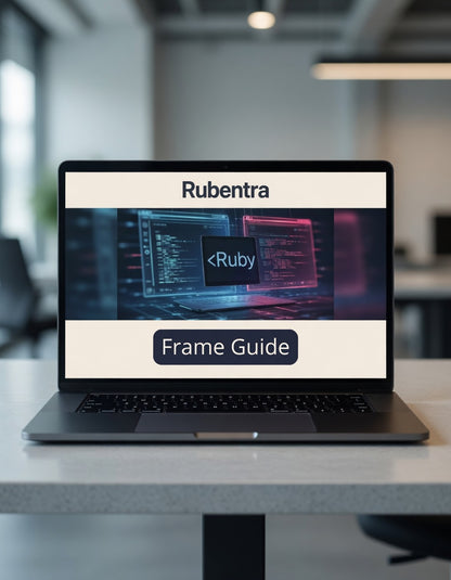Laptop displaying Rubentra Frame Guide on a blurred office background