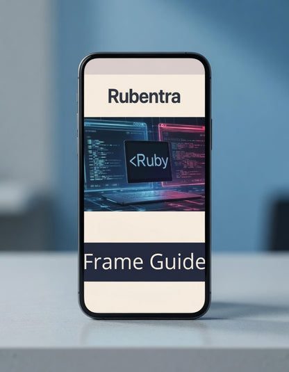 Phone displaying Rubentra Ruby Frame Guide on a blurred background