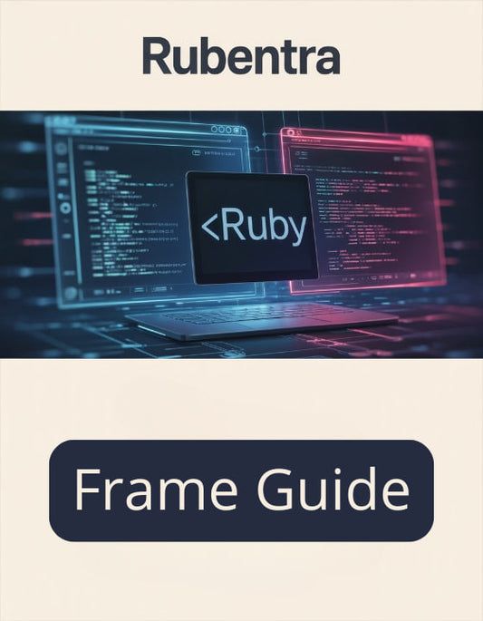Rubentra Frame Guide cover with laptop and Ruby programming language on screen