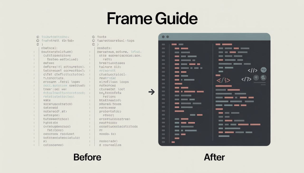 Before and after comparison of code formatting on a computer screen with text 'Frame Guide' at the top.