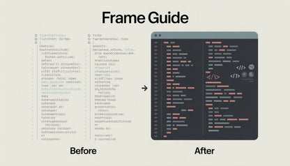 Before and after comparison of code formatting on a computer screen with text 'Frame Guide' at the top.