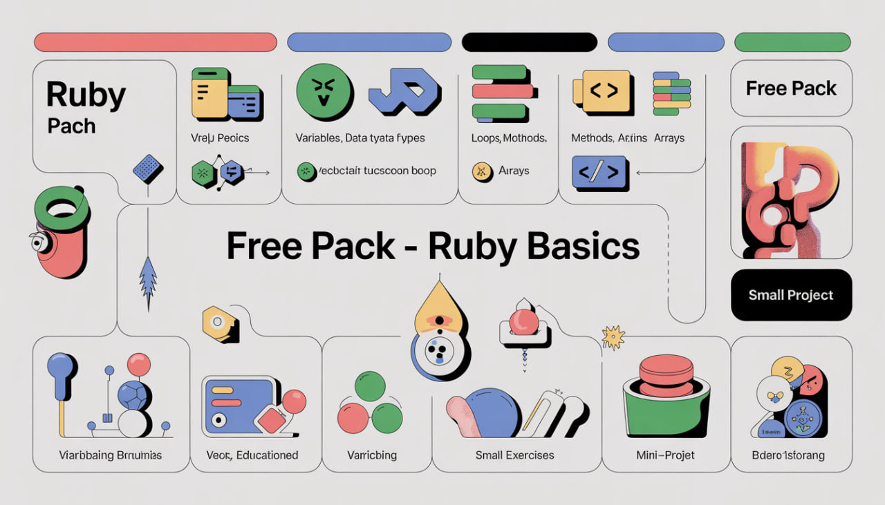 Free pack for Ruby basics with various icons and text on a white background