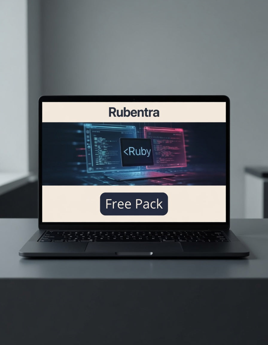 Laptop displaying Rubentra software with a free pack offer on a gray surface.
