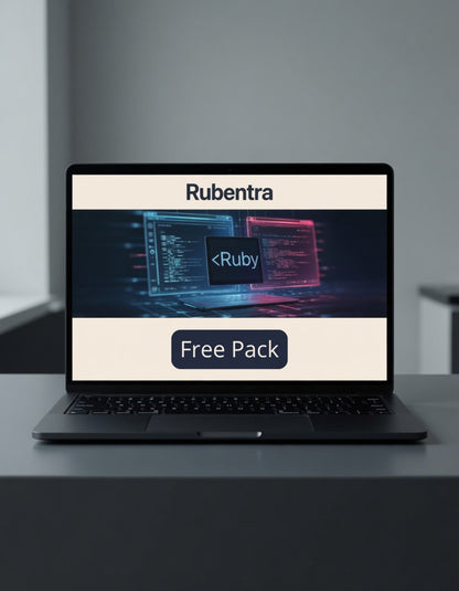 Laptop displaying Rubentra software with a free pack offer on a gray surface.