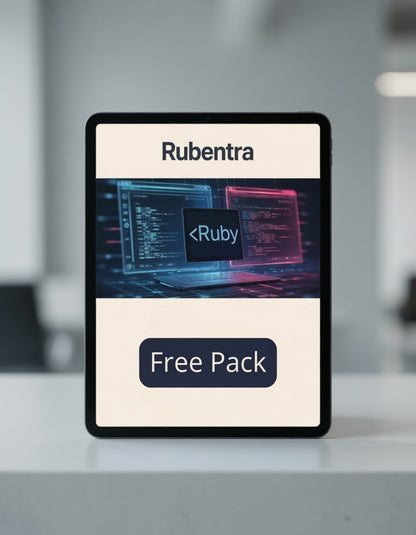 Rubentra free pack with Ruby programming language on a tablet screen