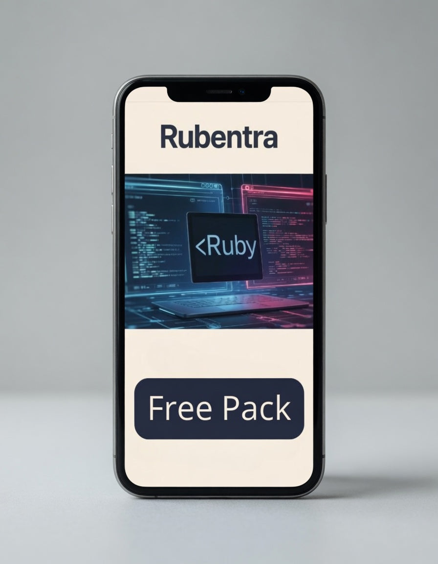 Phone displaying Rubentra Ruby free pack offer on a gray background