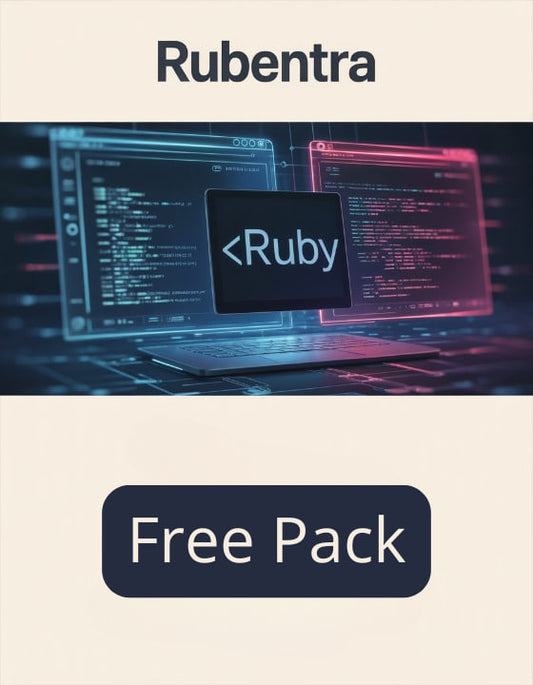 Laptop with Ruby programming language on screen and Rubentra branding