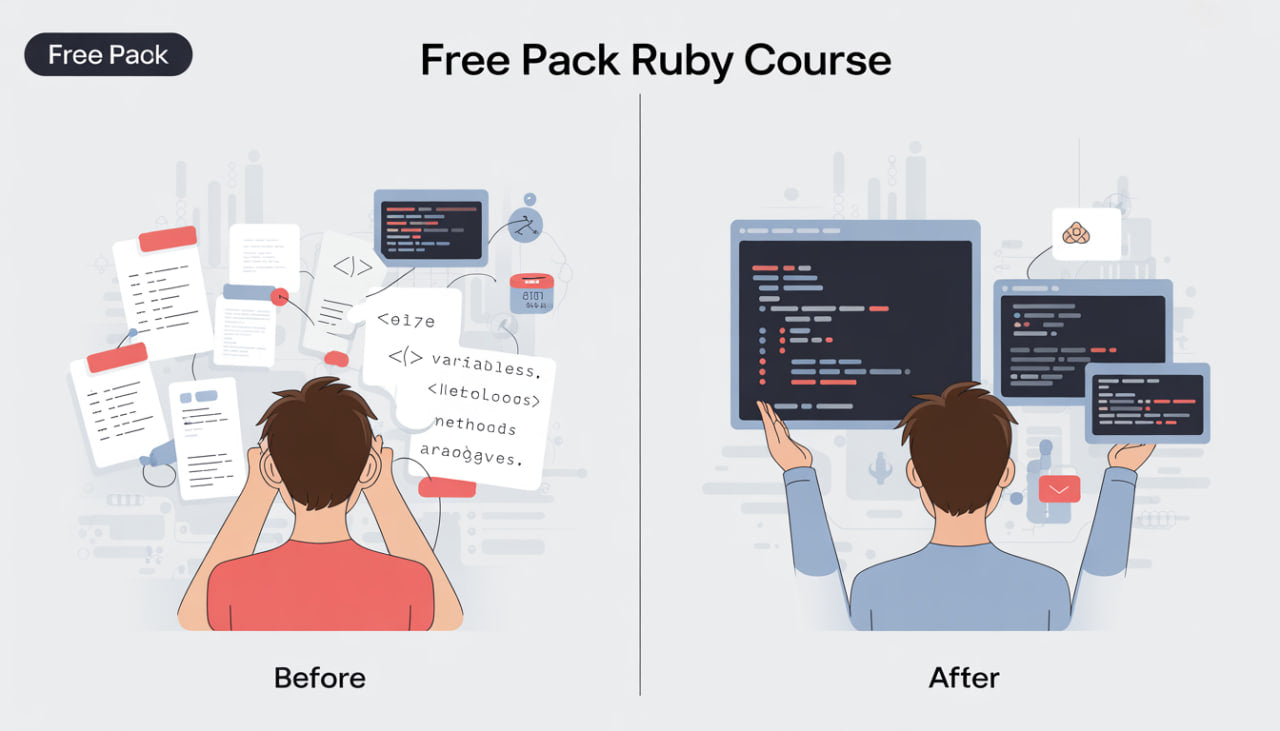Illustration of a 'Free Pack Ruby Course' before and after improvement, showing a person learning Ruby programming.