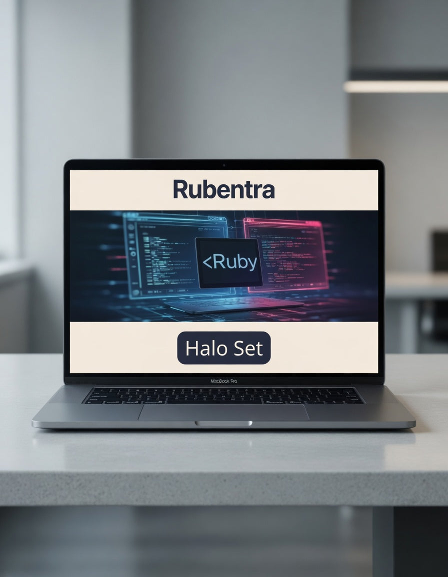 Laptop displaying Rubentra software with a blurred office background