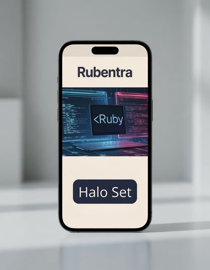 Phone case with Rubentra branding and computer-themed design on a gray background