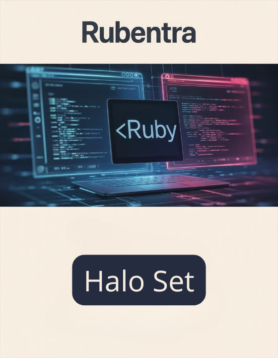 Laptop with Ruby programming language on screen and Rubentra branding.