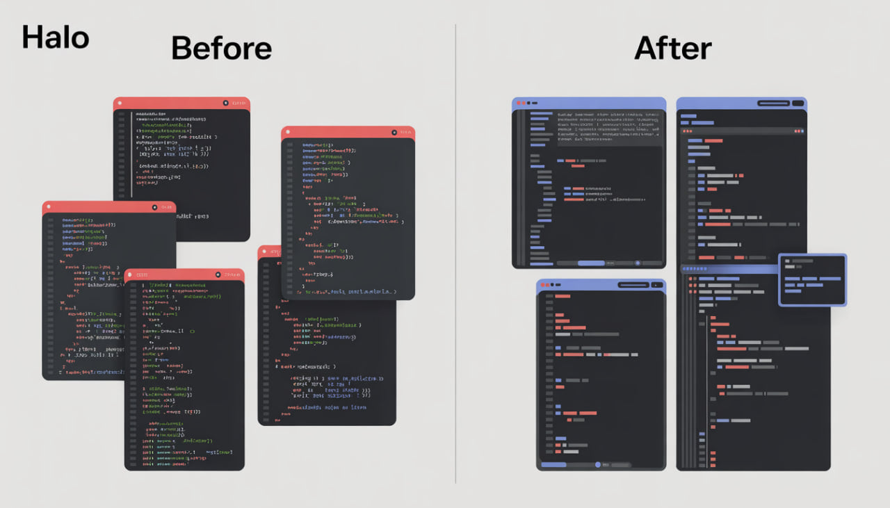 Comparison of code editor interface with and without halo effect on a white background