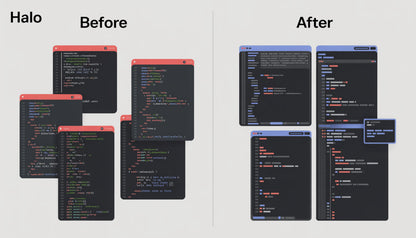 Comparison of code editor interface with and without halo effect on a white background