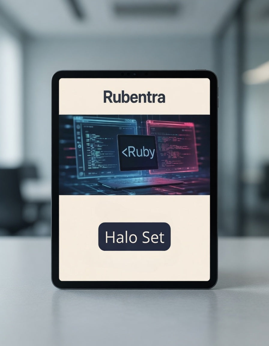 Tablet displaying Rubentra software with a blurred office background