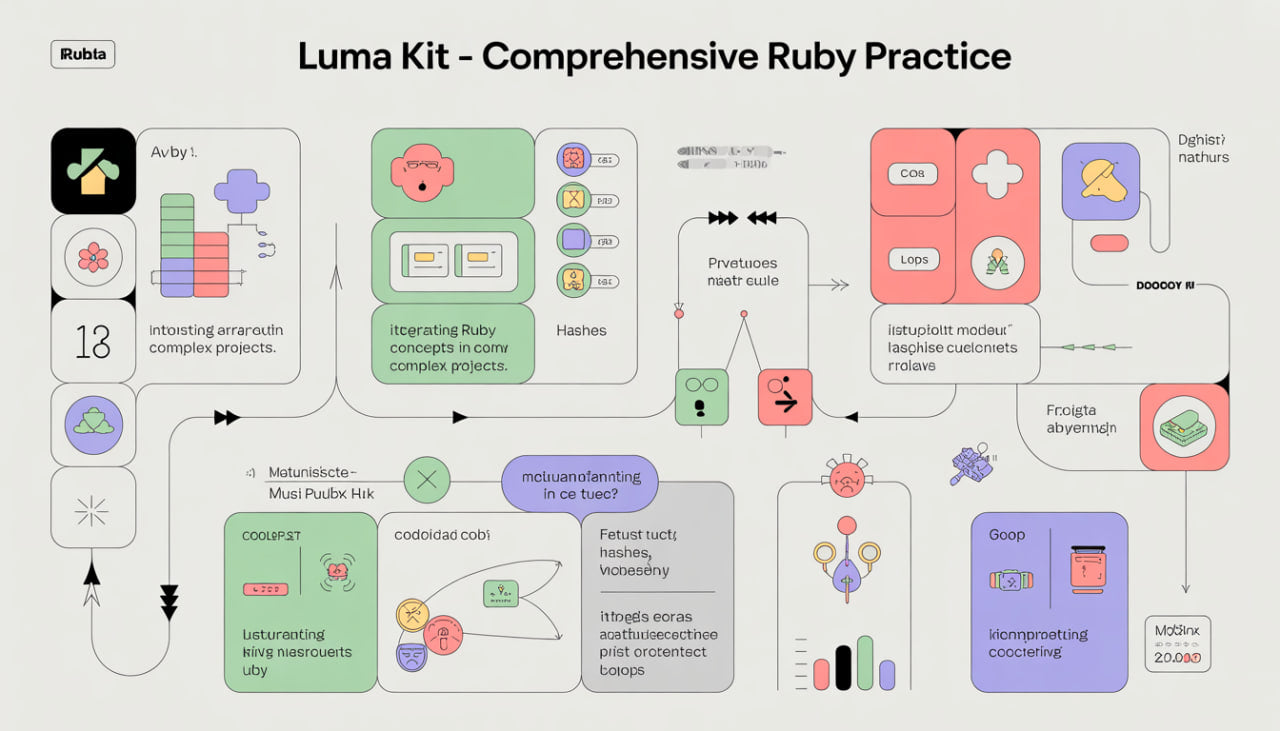 Luma Kit - Comprehensive Ruby Practice diagram with various colored boxes and arrows.