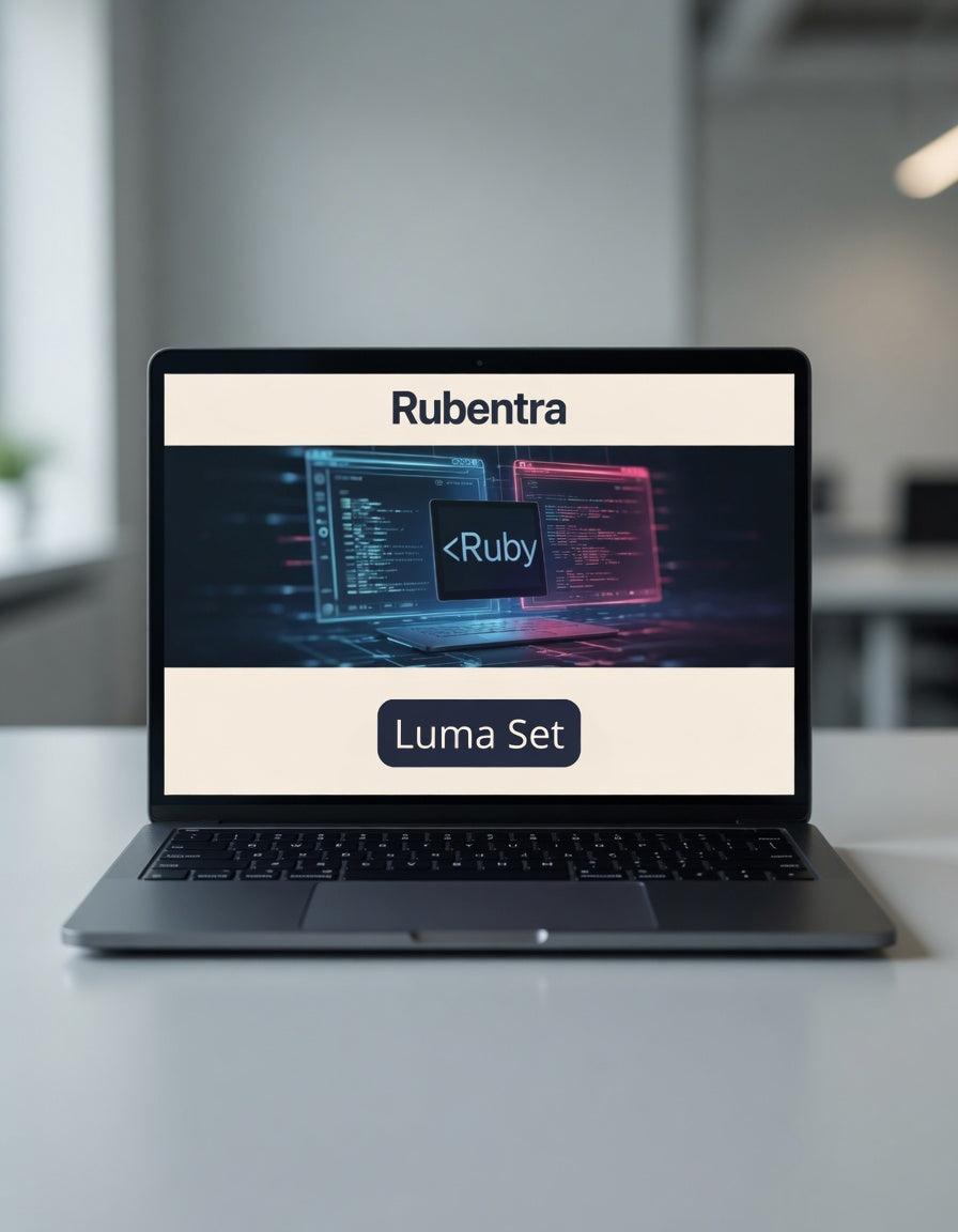 Laptop displaying Rubentra and Luma Set on a blurred office background
