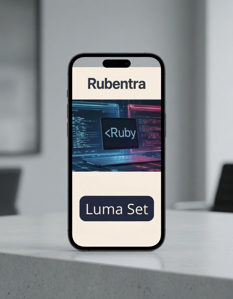 Phone displaying Rubentra Luma Set with Ruby code on screen