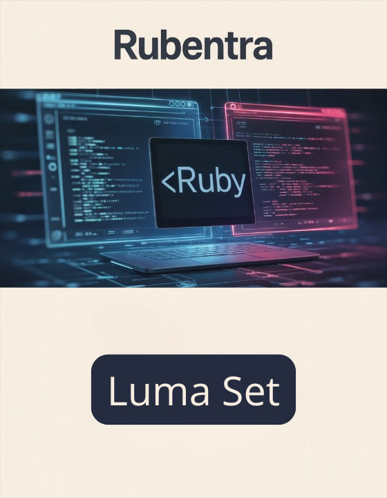 Laptop with Ruby programming language on screen and Rubentra branding
