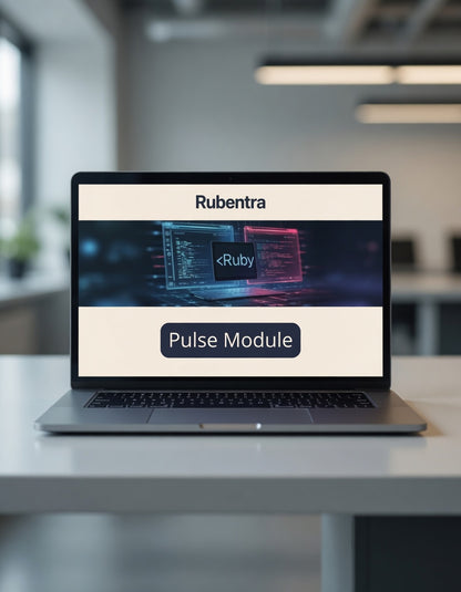 Laptop displaying Rubentra Pulse Module on a blurred office background