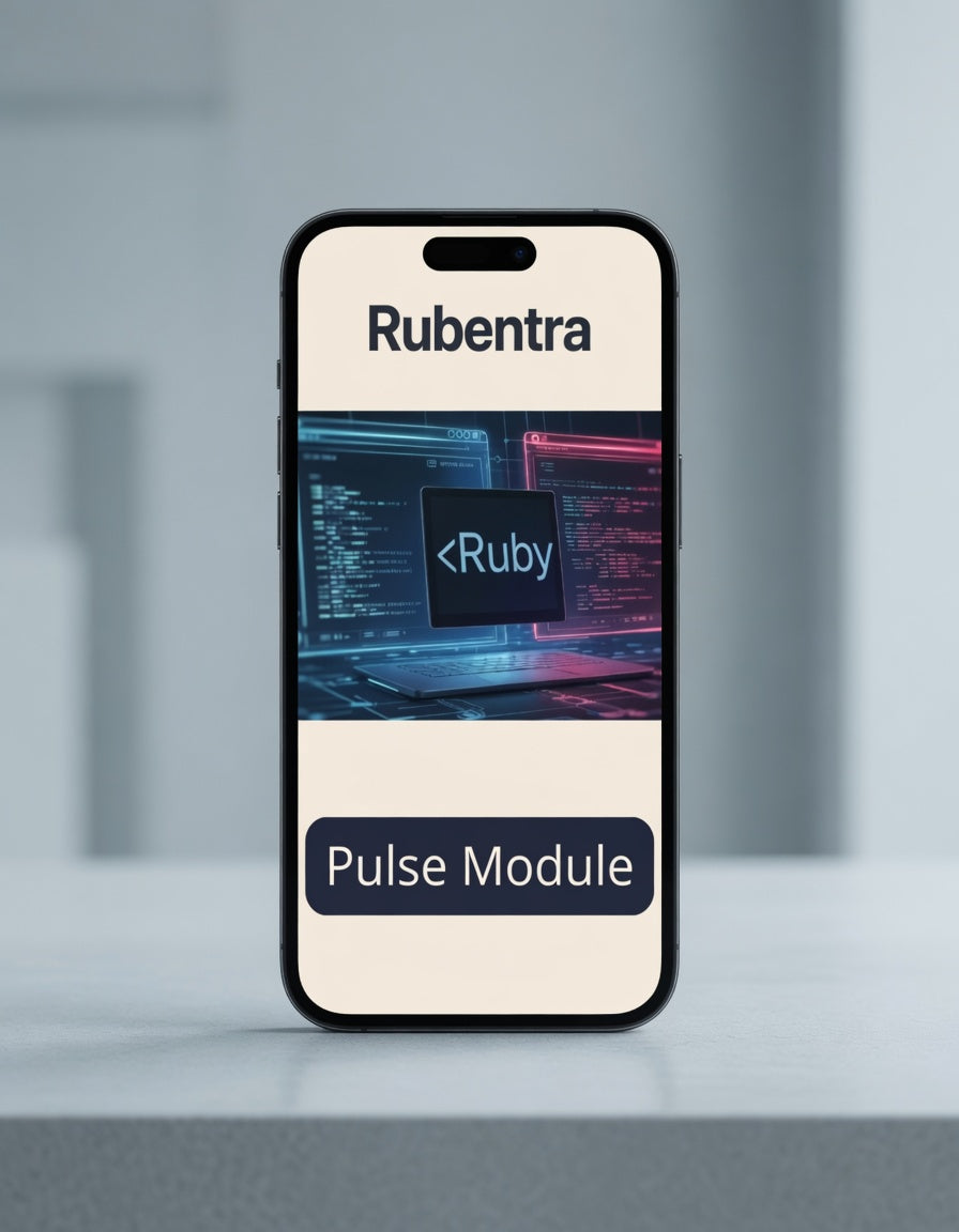 Phone case with Rubentra branding and 'Pulse Module' text on a blurred background