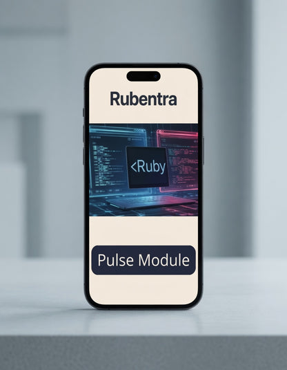 Phone case with Rubentra branding and 'Pulse Module' text on a blurred background
