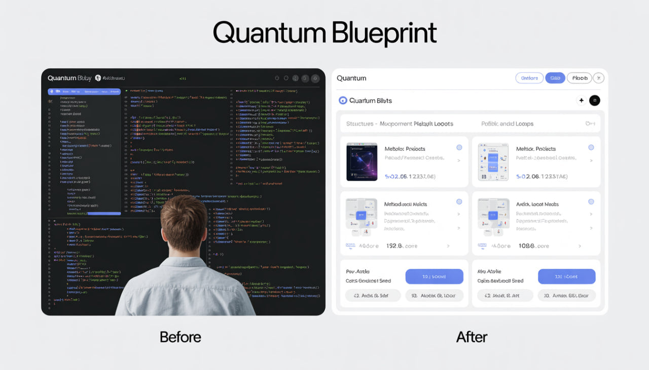 Comparison of a computer screen with 'Before' and 'After' views of Quantum Blueprint software.