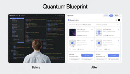 Comparison of a computer screen with 'Before' and 'After' views of Quantum Blueprint software.