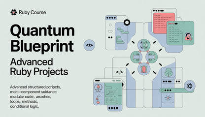 Promotional graphic for a Ruby course titled 'Quantum Blueprint' with technical illustrations and text.