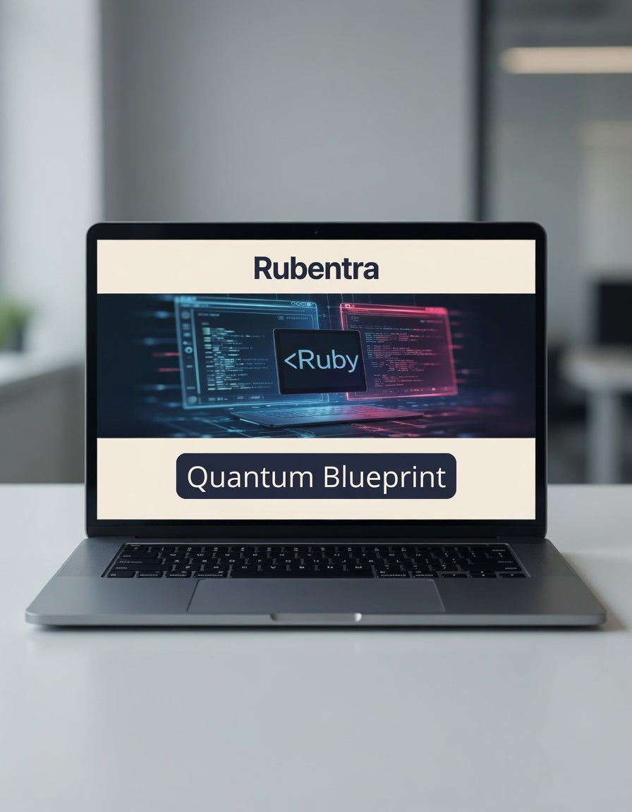 Laptop displaying Rubentra Quantum Blueprint on a blurred office background