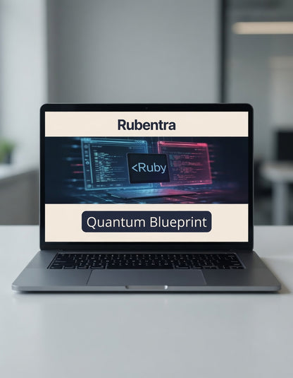 Laptop displaying Rubentra Quantum Blueprint on a blurred office background