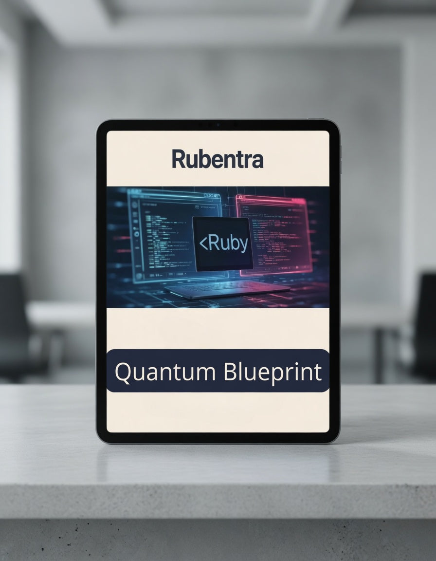 Tablet displaying Rubentra Quantum Blueprint with a blurred office background