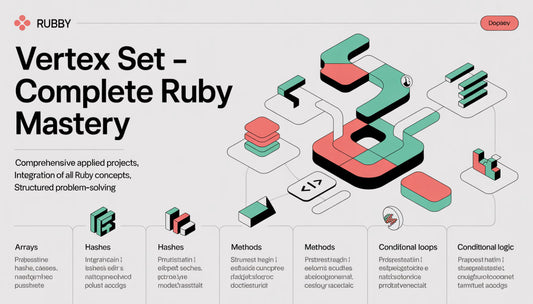 Promotional graphic for 'Vertex Set - Complete Ruby Mastery' by RUBY, featuring isometric design elements.