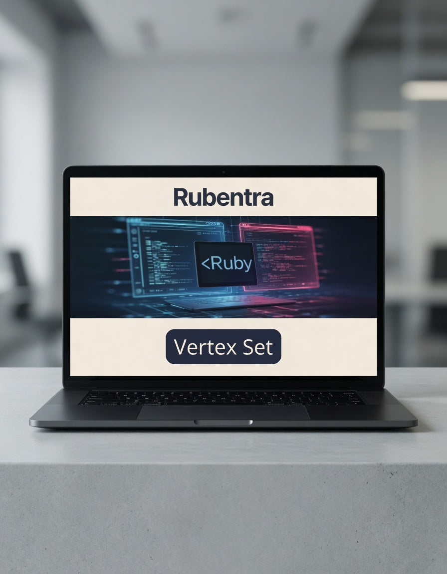 Laptop displaying the Rubentra website on a blurred office background
