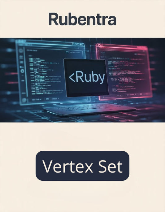 Laptop with Ruby programming interface on screen, Rubentra logo above, 'Vertex Set' text below.