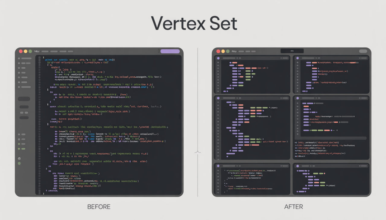 Comparison of code editor layout before and after using 'Vertex Set' feature.